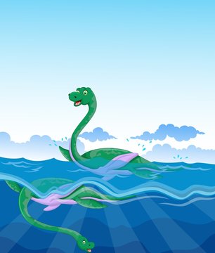 funny two dinosaur cartoon swimming in the sea