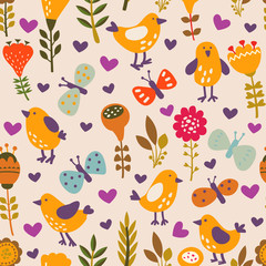 Seamless pattern in vector made of chicks and flowers
