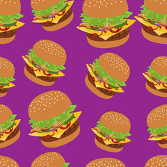 Seamless vector pattern with burger image. Cheeseburger purple background.