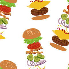 Burgers and ingredients for cheeseburger seamless background.