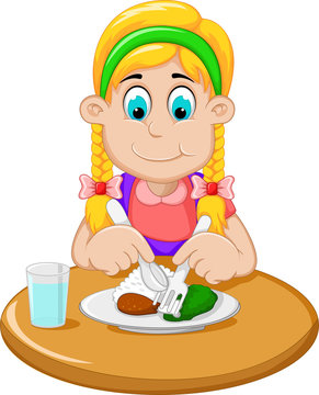 cute little girl cartoon has breakfast