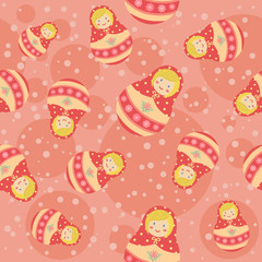 Seamless Pattern Pink Russian Doll on dotted Pink Background that can be used as wallpaper background pattern.