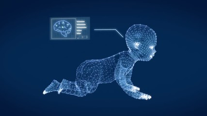 Wire frame of the model of the baby with graphics research on blue screen.3D rendering.