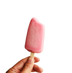 holding bite Ice cream strawberry isolated on white background