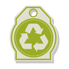 green hanging tag with recycle arrows symbols over white background. vector illustration