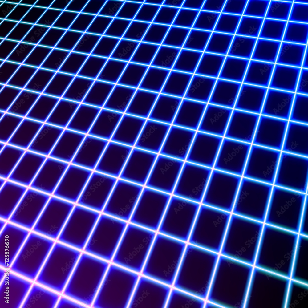 Poster bright neon grid lines glowing background with 80s style