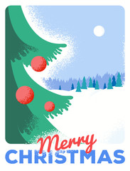 Christmas greeting card with fir, retro styled with scratched pa