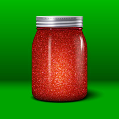 Glitter jar. Realistic object with shiny red sparkles