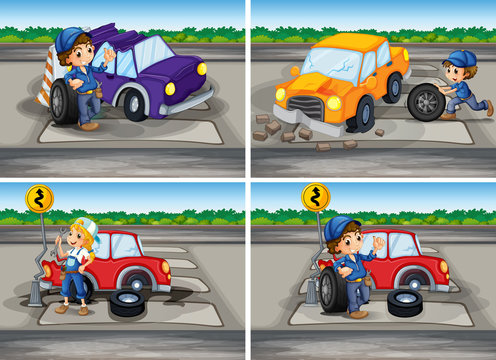 Accident scenes with broken car and mechanics