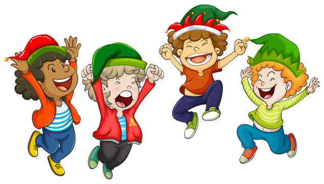 Four boys wearing christmas hats