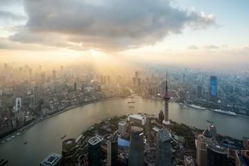 Shanghai, China cityscape overlooking the Financial District and Huangpu River.