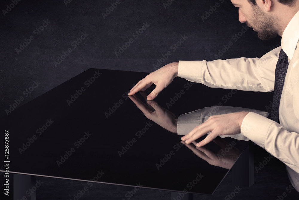 Poster Close up of a hand touching smart table with copy space