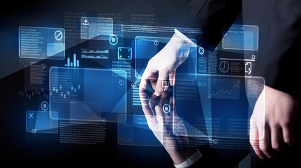 Man pressing technology smart table interface