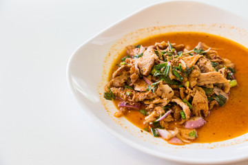 Thai cuisine spicy pork salad, Nam Tok Moo