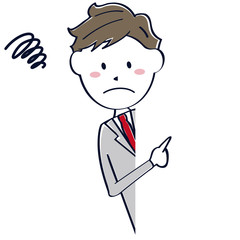 グレーのスーツの男性　イケメン　教師　先生 上半身
 指差し 覗き込んで悩む