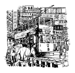 Papier Peint photo autocollant Art Studio Hong Kong, tramway dans la rue