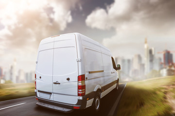 Delivery van drives into a city