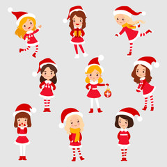Set of little christmas girl cartoon isolated on white background vector illustration. Christmas girl wearing santa claus clothes with gift.