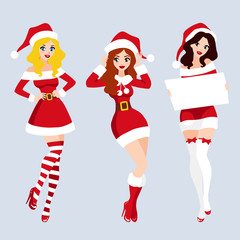 Set of beautiful girl wearing santa claus clothes. Santa woman cartoon isolated vector illustration.