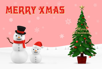 Christmas card with snowmen and christmas tree