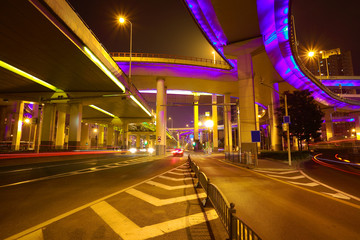 Empty road floor with city elevated bridge of night