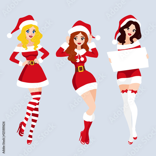 Set Of Beautiful Girl Wearing Santa Claus Clothes Santa Woman Cartoon
