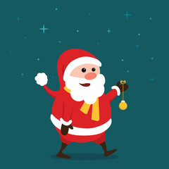 Merry little Santa Claus in the starry night, with colorful Christmas ball hanging from his hand