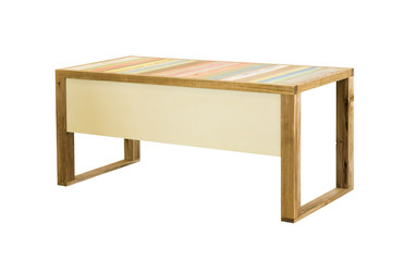 Table with top made of different kinds of wood. White background, isolation