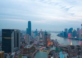 Aerial photography at Shanghai bund Skyline of twilight