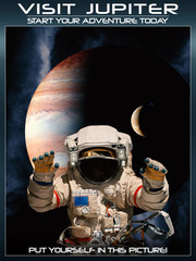 A fantasy space poster of visiting Jupiters with current modern technology. 
