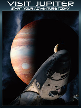 Fantasy space poster to visit Jupiter with today's technology.
