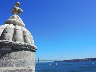 Lisbon, Portugal. The Belem tower (or Tower of Saint Vincent) close to the Tagus river and Atlantic...