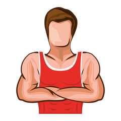 cartoon Man bodybuilding muscles over white background. isolated flat vector illustration