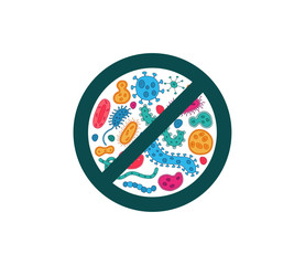 Antibacterial sign with colorful bacteria illustrations. Isolated vector illustration