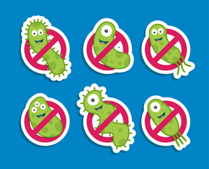 Antibacterial sign with green bacteria. Isolated vector illustration.
