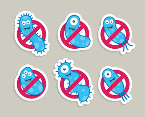 Antibacterial sign with blue bacteria. Isolated vector illustration.
