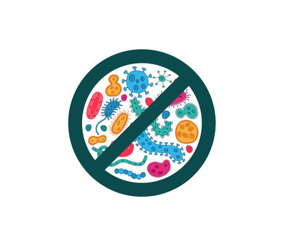 Antibacterial sign with colorful bacteria illustrations. Isolated vector illustration