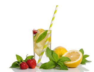 Two glasses  with  lemonade . Lemon and mint, strawberry isolate