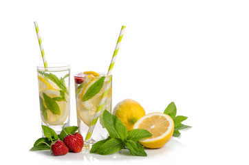 Two glasses  with  lemonade . Lemon and mint, strawberry isolate