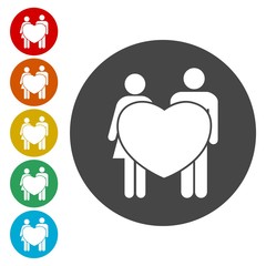 Couple holding hands with hearts icons