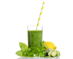 Green smoothie with cucumber,  mint, parsley and lemon as health