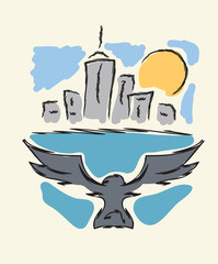 Bird flying to modern city