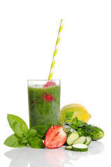 Green smoothie with cucumber,  mint, strawberry and lemon as hea