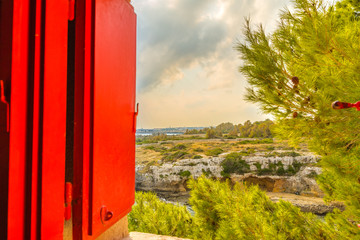 window with red shutters overlooking pine forest