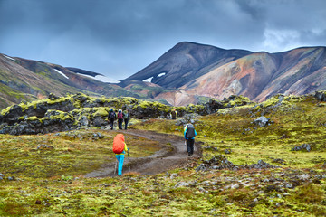 hikers with backpacks on the trail in the mountains. Trek in Iceland