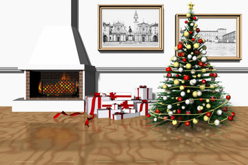 Natale. Salotto con caminetto, albero di Natale e regali.