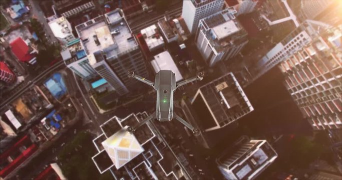 Animation of black drone flighting above big city in Asia.