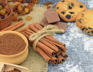 Cinnamon and festive baking ingredients. close-up . New Year. Ch