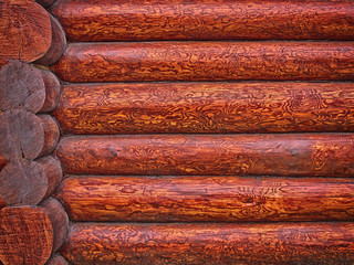 Beautiful natural background pattern of a log wall. Wooden logs