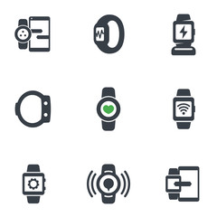 smart watch icons isolated on white, fitness tracker, synchronization with phone, wearable devices, charging station, vector illustration